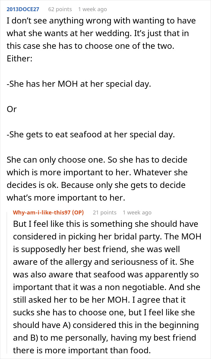 Web Users Are Flabbergasted After Learning ‘Bridezilla’ Is Eager To Serve Seafood At Wedding Despite Best Friend’s Severe Allergy Web Users Are Flabbergasted After Learning ‘Bridezilla’ Is Eager To Serve Seafood At Wedding Despite Best Friend’s Severe Allergy