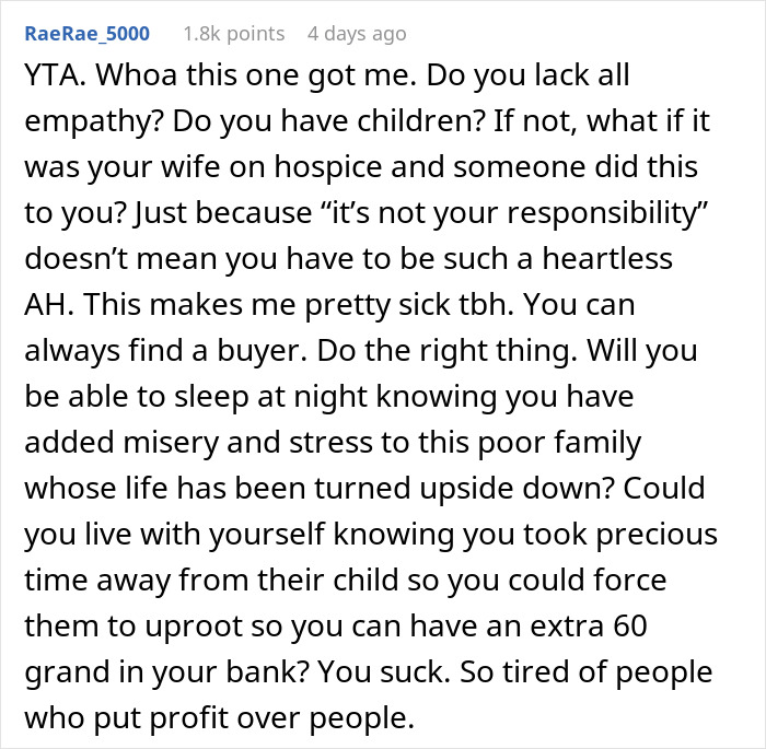 Landlord Asks If He's A Jerk For Making His Tenants Move When They Have A Terminally Ill Child In Hospice