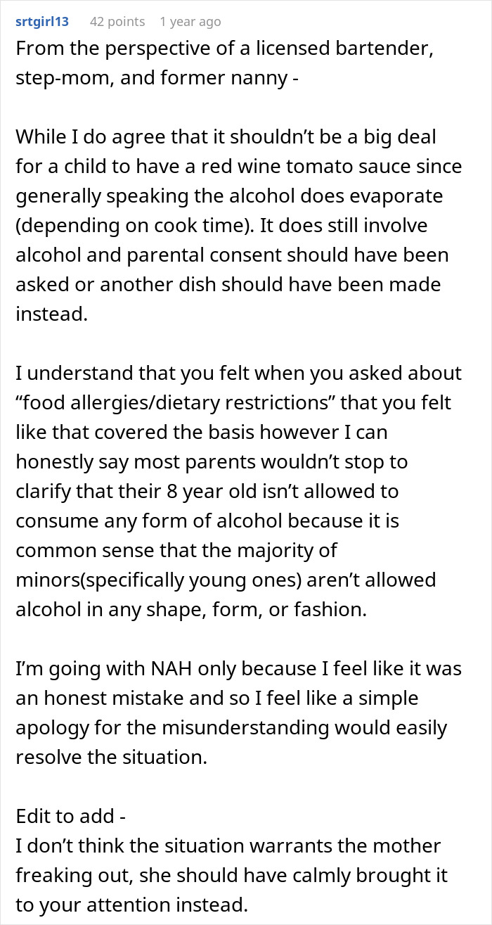 Mom Livid At Finding Out Colleague's Pasta Sauce Recipe Contained Wine As She Served It While Babysitting Her 8 Y.O. Kid Mom Livid At Finding Out Colleague's Pasta Sauce Recipe Contained Wine As She Served It While Babysitting Her 8 Y.O. Kid