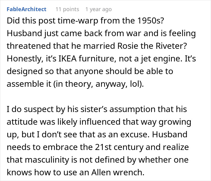 Wife Builds And Sets Up Furniture All By Herself, Husband Has A Problem With Her Taking Credit For It