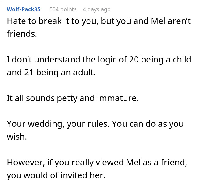 Bride Asks If She's A Jerk To Exclude Her Friend Who's 2 Years Younger From Her "Childfree Wedding", Gets A Reality Check