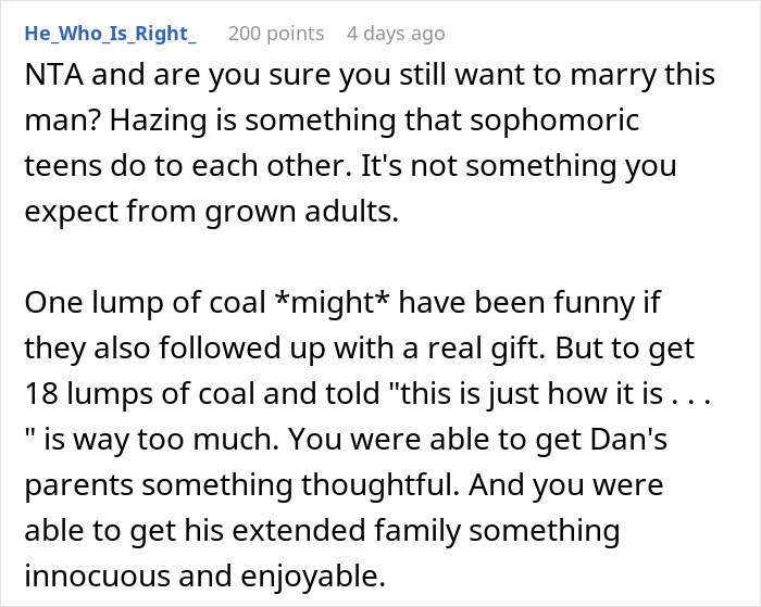 Person Goes To Celebrate Christmas With Fianc&eacute;'s Family For The First Time, Loses It After Getting 18 Pieces Of Coal As Gifts