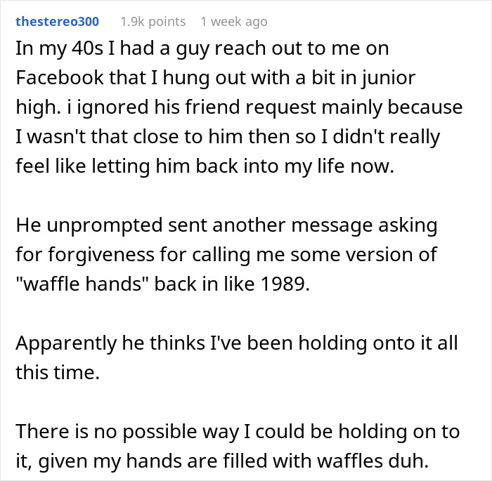 Person Shares How They Held A Grudge Against A Bully For Calling Them "Carrot Boy" Only To Embarrass Themself 29 Years Later At A Class Reunion