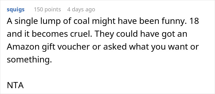 Person Goes To Celebrate Christmas With Fianc&eacute;'s Family For The First Time, Loses It After Getting 18 Pieces Of Coal As Gifts