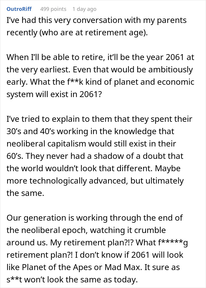 Person Asks "Do Boomers Really Think They&rsquo;re Going To Sit Back And Retire While We Become Indentured Servants?" And People's Opinions Are Split