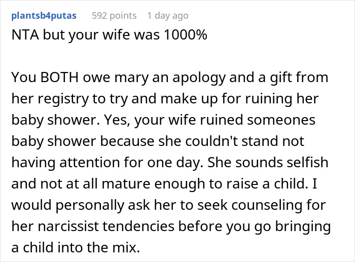 Man Asks If He's A Jerk For Calling Out Wife After She Ruined Her Friend's Baby Shower Man Asks If He's A Jerk For Calling Out Wife After She Ruined Her Friend's Baby Shower