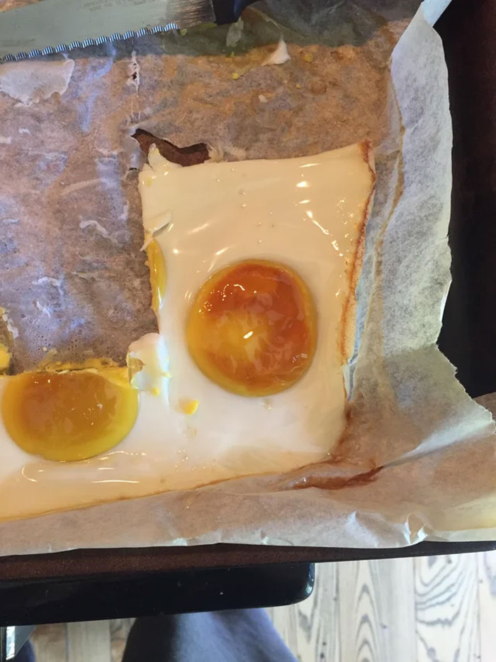 My Mom Cooked Some Eggs In The Oven At 400f For 30 Minutes, And The Top Was Almost Plastic In Texture, With A Dry, Hard Centre