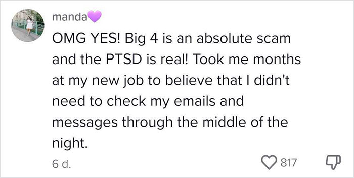 "We All Had To Tell Each Other When We Were Showering": Woman Quits Her ‘Big 4’ Job After Insane Working Conditions, Shares Her Traumatizing Experience In A Viral Video "We All Had To Tell Each Other When We Were Showering": Woman Quits Her ‘Big 4’ Job After Insane Working Conditions, Shares Her Traumatizing Experience In A Viral Video