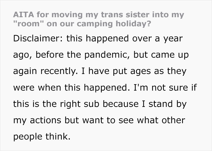 "[Am I The Jerk] For Moving My Trans Sister Into My 'Room' On Our Camping Holiday?"
