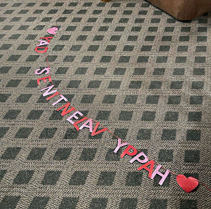 Packaged The Valentine's Banner, Boss. This Is How It Came Out Of The Packaging. How Do They Get The Letters Facing The Right Way But Then Spell It Backwards And Not Realize