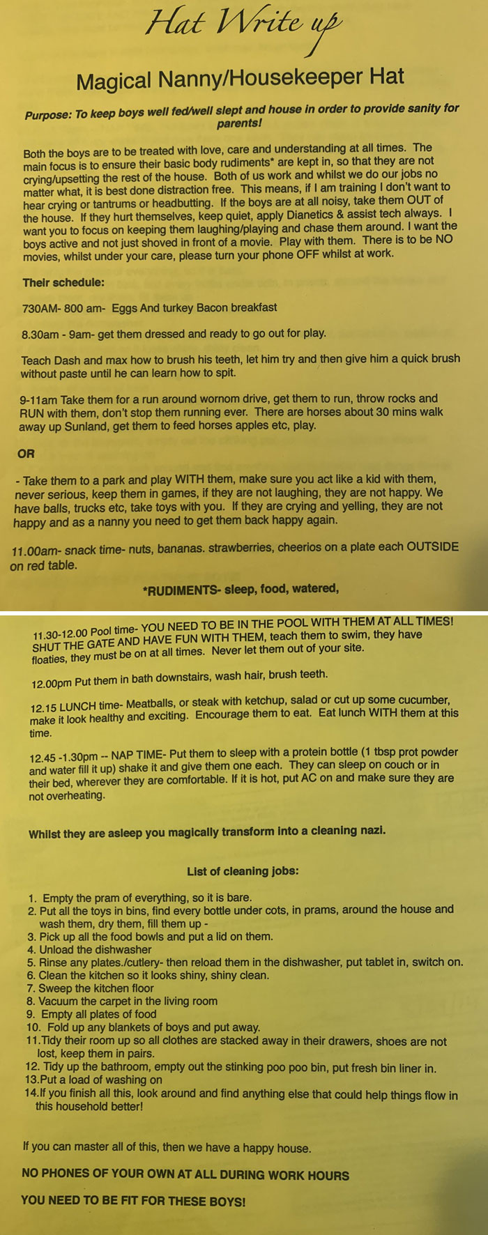 In 2013, I Interviewed With An (Unbeknownst To Me At The Time) Scientologist Family To Be Their Nanny. They Gave This List Of Responsibilities