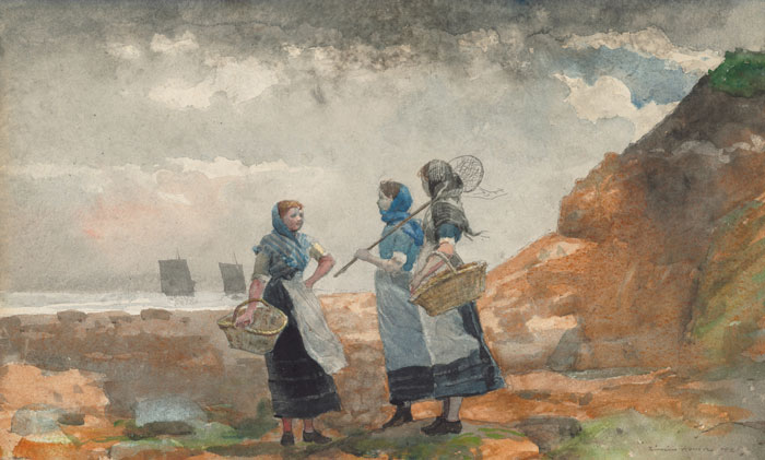 Three women with baskets by the sea, depicted in a famous watercolor painting by a master of the medium.