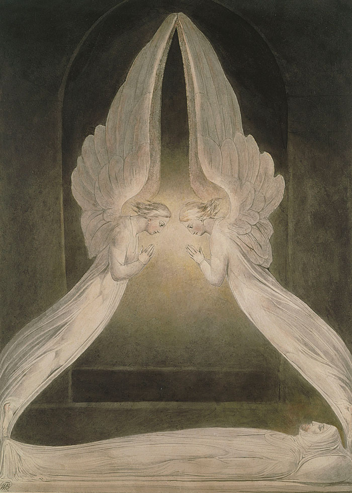 Two angels depicted in a famous watercolor painting by a master of the medium, hovering over a sleeping figure.