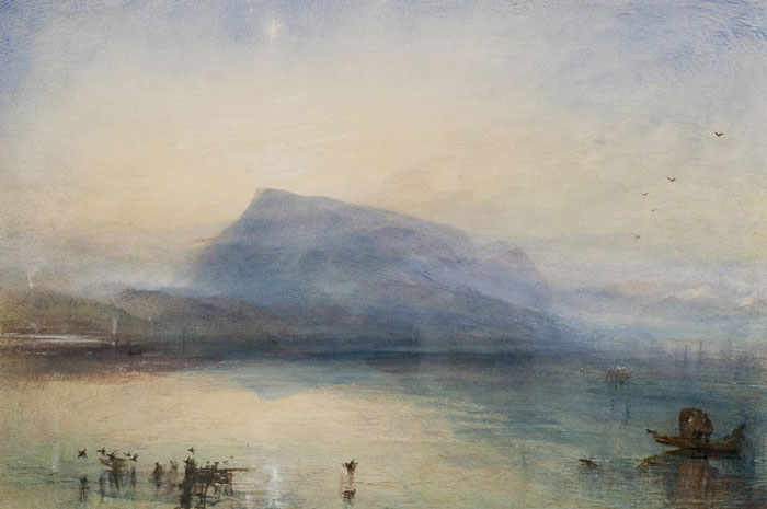 Serene landscape watercolor painting by a master, depicting a misty lake with mountains and boats at dawn.