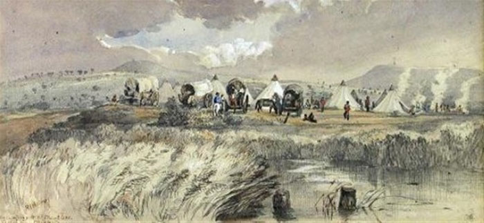 Watercolor painting of 19th-century settlers with covered wagons and tents in a grassy landscape.
