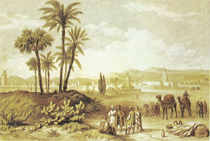 Desert scene with palm trees and figures, famous watercolor painting by a master artist.