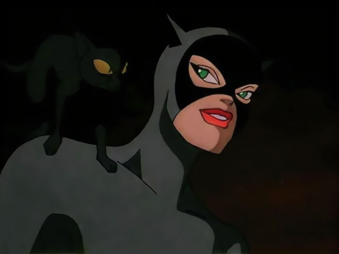 A female cartoon character in a sleek outfit with a black cat, showcasing fame and strength.
