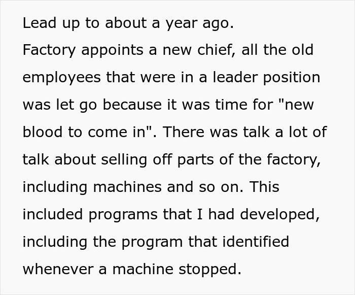 "The Factory Chief Laughed In My Face": Employee Takes Important System They Created With Them When They're Fired "The Factory Chief Laughed In My Face": Employee Takes Important System They Created With Them When They're Fired
