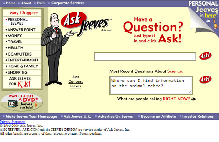 Screenshot of the Ask Jeeves search homepage featuring early internet big trends and a vintage Q&A interface.