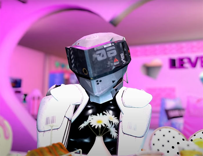 Futuristic robot in a colorful room representing big trends and innovations from the past rediscovered today