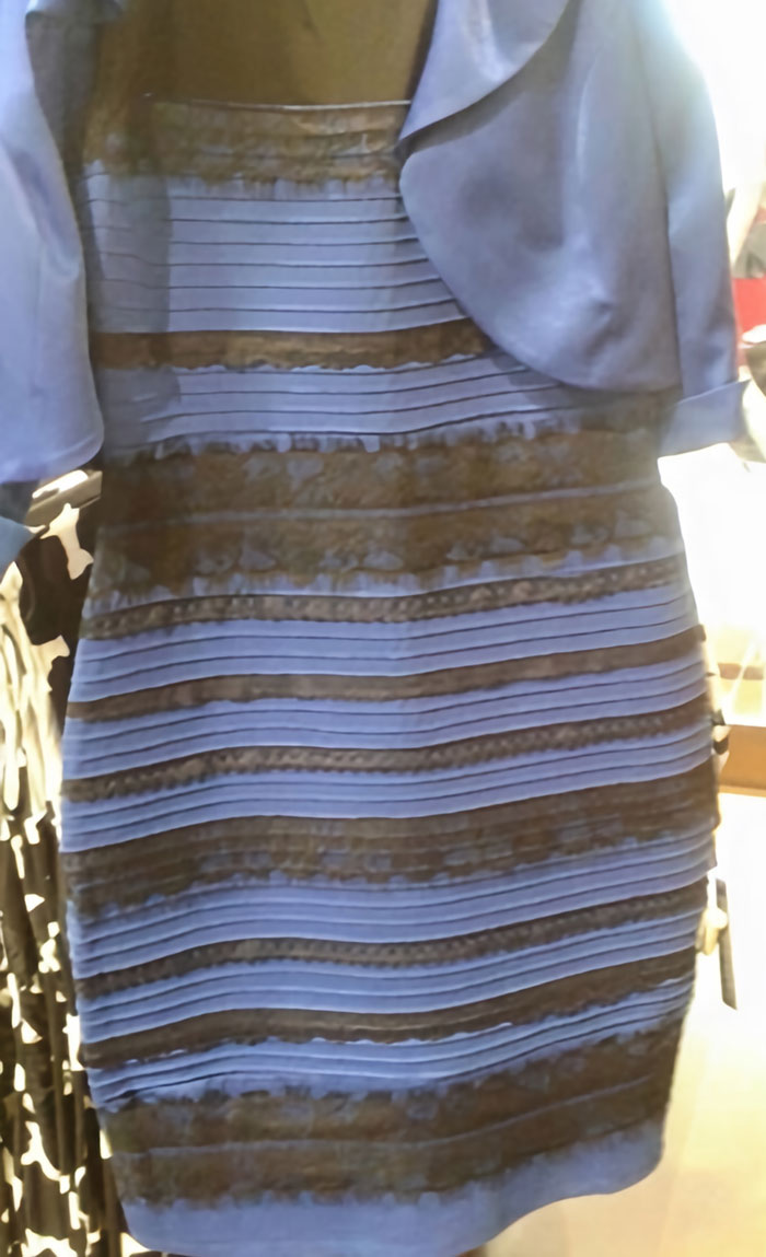 A close-up of the controversial color illusion dress showcasing big trends in fashion that we almost forgot.