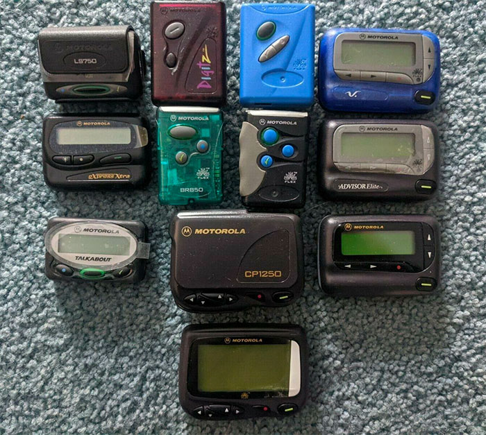 Collection of vintage Motorola pager devices showcasing big trends that we almost forgot had existed in technology.