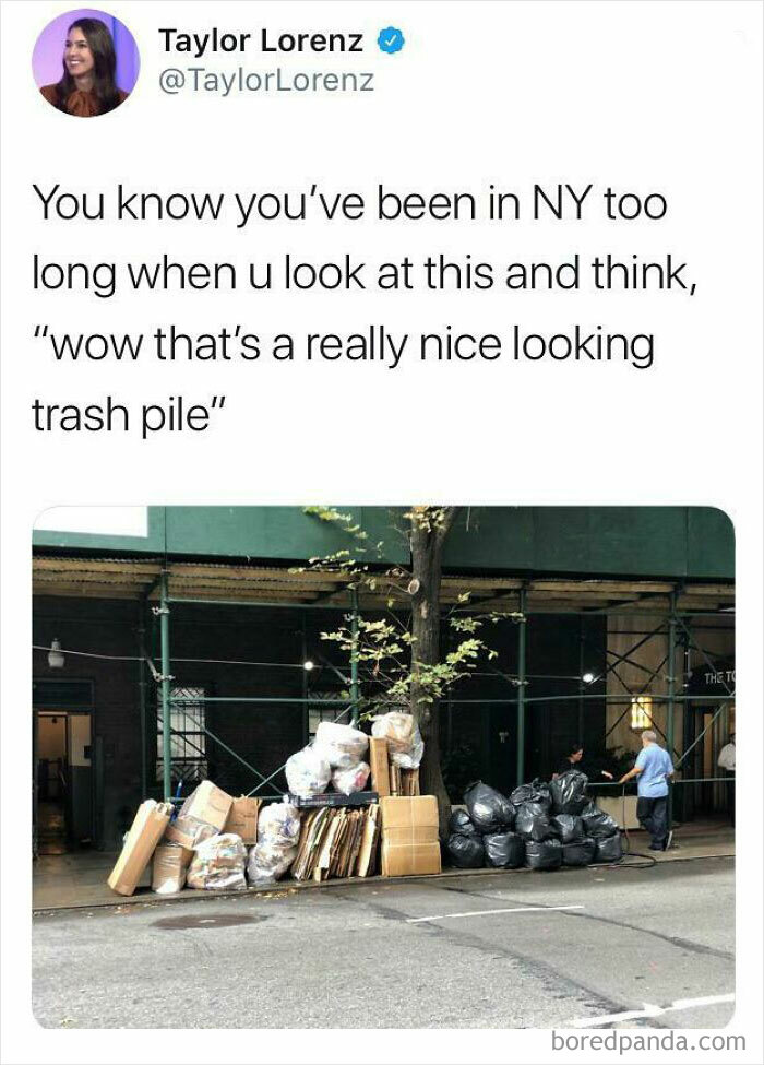 Trash pile neatly stacked on a New York City sidewalk, illustrating funny and interesting New York city life moments.
