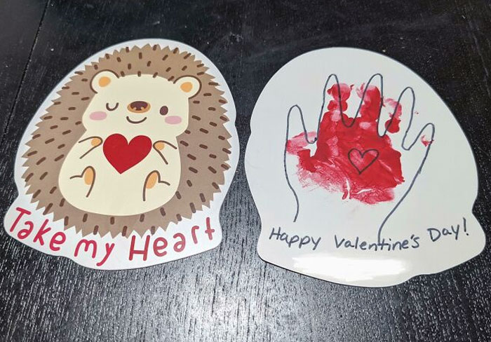 Expectation: Cute Red Handprint Valentine From The Baby. Reality: Accidental Horror Valentine I Probably Won't Be Sent To The Grandparents