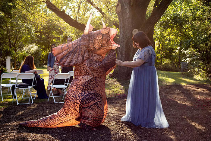 I Was A Last-Minute Flower Dinosaur At A Wedding, Pictured Here With My Mom