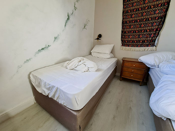 A Paint Job On A Hotel Wall That Looks Like Mold And A Lamp Just Above The Pillow. I Had To Unscrew The Light Bulb To Avoid The Risk Of Shattering It