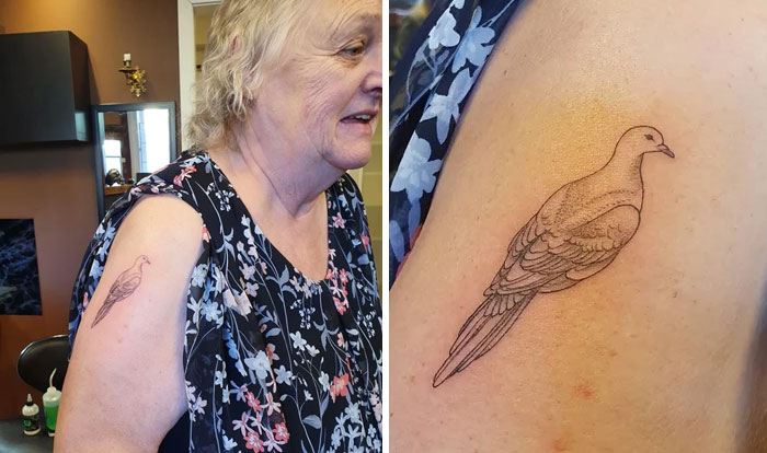 A detailed bird tattoo executed perfectly on an older woman's arm.