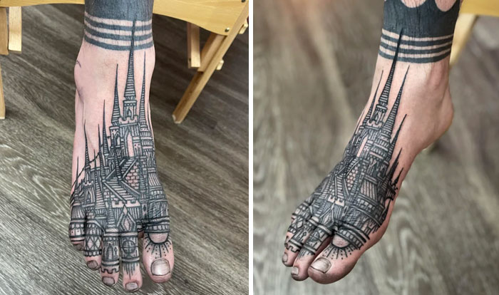 Intricate tattoo of a cathedral design on feet, showcasing a beautifully executed tattoo idea.