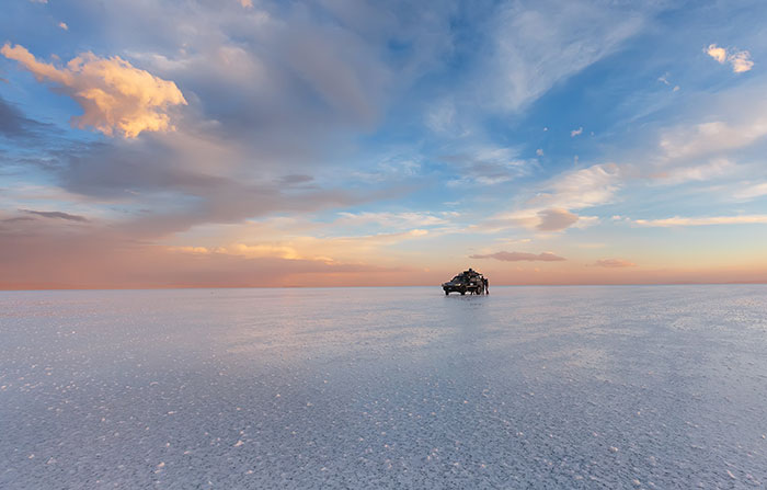 A vechile standing on the salt flat