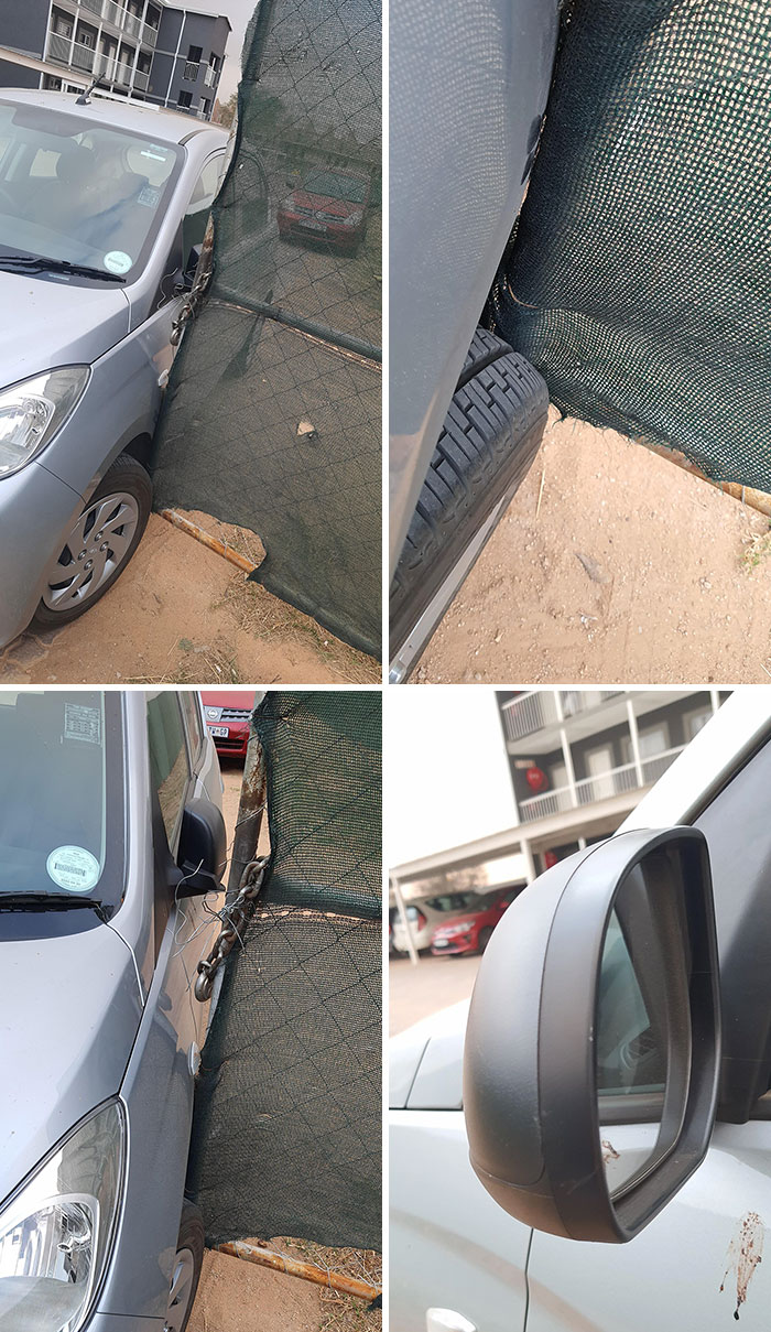 The Wind Blew The Gate Into My Car And My Tire Saved It By Millimeters. The Only Damage To My Car Is A Small Scratch On The Mirror