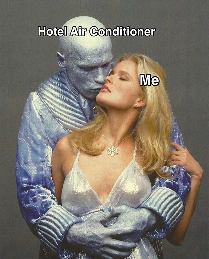 Everyday life meme showing a hotel air conditioner hugging a person, humorously depicting their cold embrace.