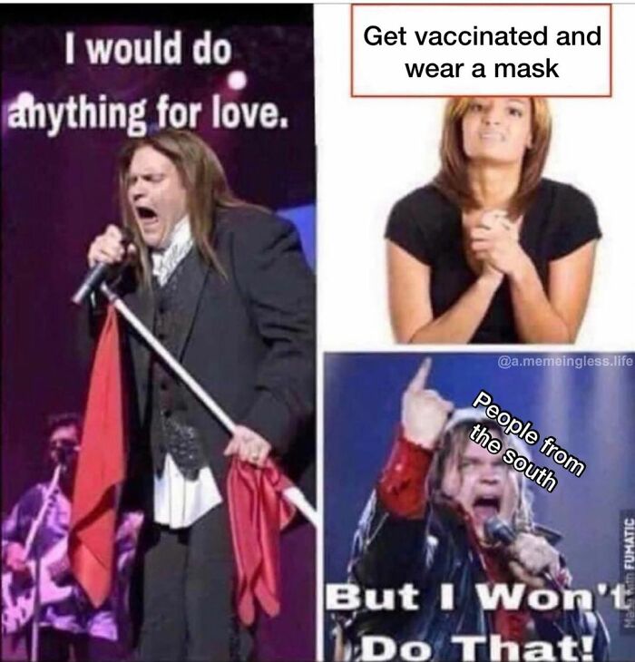 Everyday life meme of a singer parody with humorous captions about vaccination and Southern people's reactions.