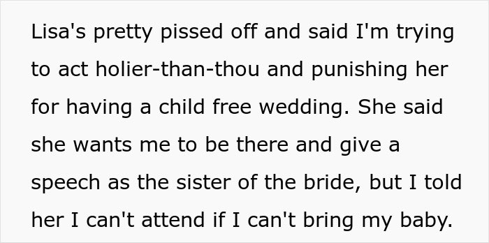 Woman Is Told She Can't Bring Her Newborn To Sister's Childfree Wedding, Decides Not To Go And Drama Ensues