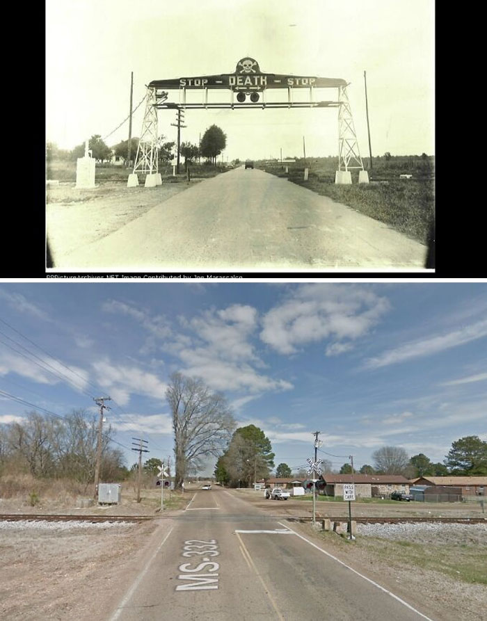 The Billups Neon Crossing Signal, An Experimental Railroad Crossing In Grenada, MS That Utilized Neon Lights And An Air Raid Siren. It Was Never Replicated Anywhere Else Due To High Costs And Technical Problems (1940 vs. 2014)