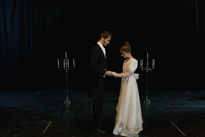 Couple In Wedding Outfit Acting In Broadway 