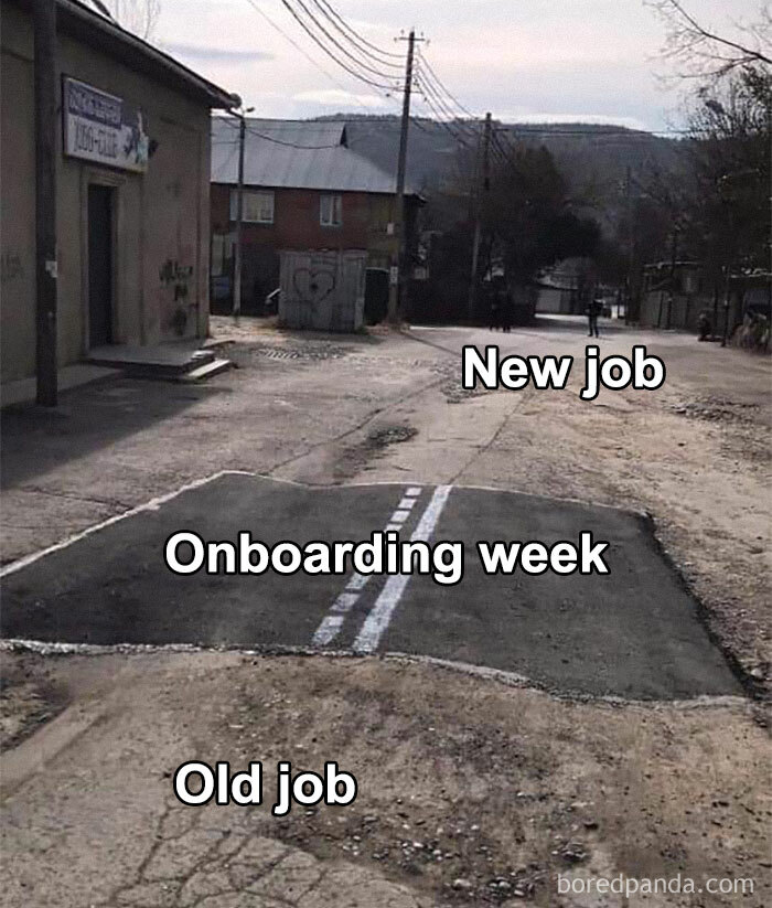 Pothole-filled road humor illustrating product manager problems during onboarding week between old and new jobs.