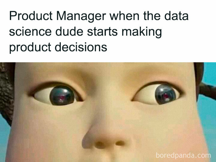 Close-up of a shocked product manager's face illustrating common product manager problems at work with data science involvement.