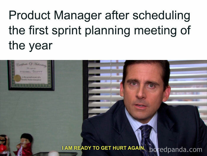 Product manager looking serious in an office setting, humorously highlighting common product manager problems at work.