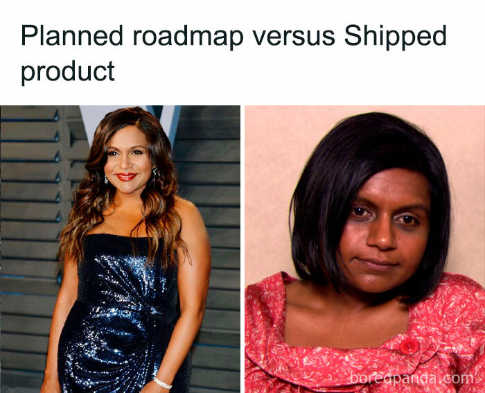 Two side-by-side images showing contrast representing product manager problems with planned roadmap versus shipped product.