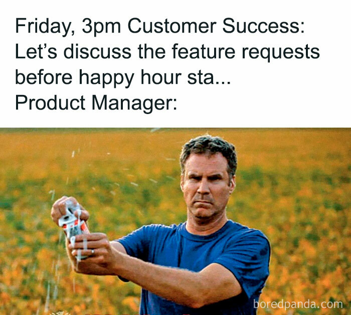 Man in blue shirt angrily squeezing a soda can in a field, illustrating product manager problems at work.