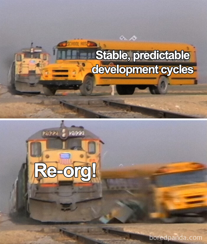 Train crashing into a school bus labeled stable development cycles with text Re-org, illustrating product manager problems at work.