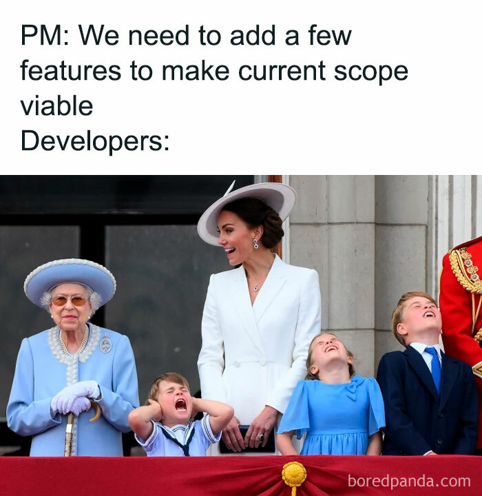 Group including Queen Elizabeth and children reacting dramatically, illustrating product manager problems with developers struggling to add features.
