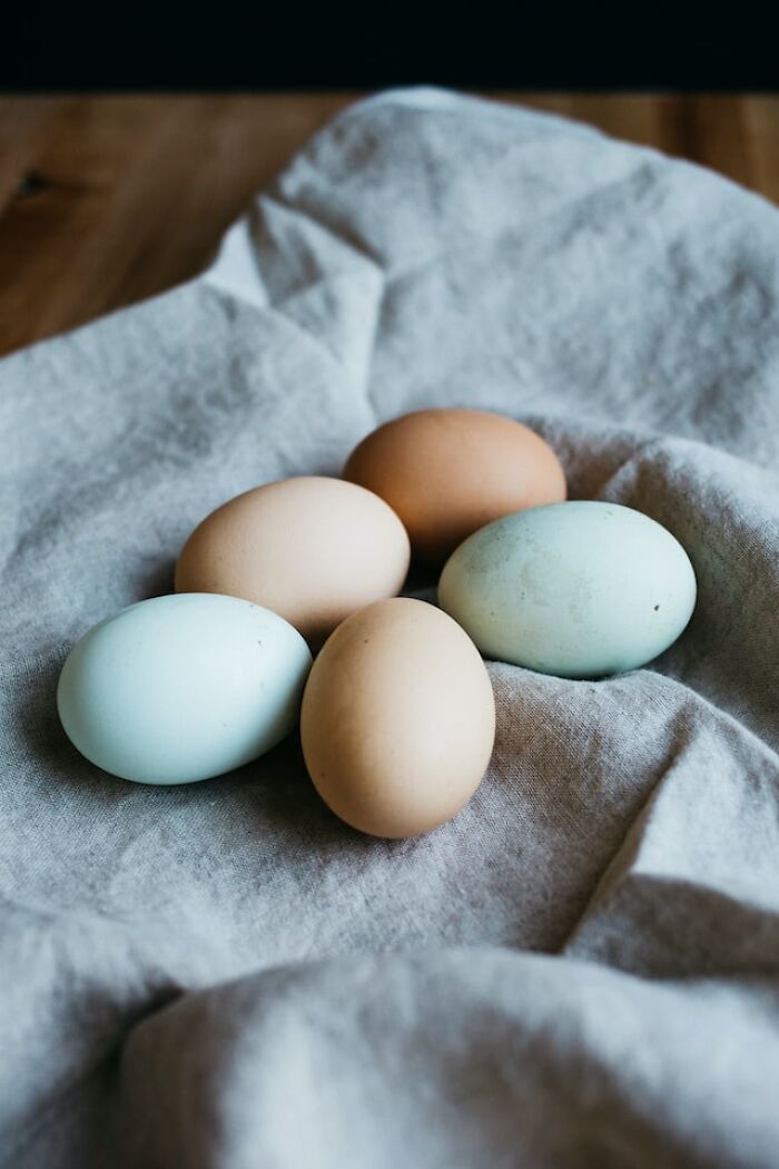 Five brown and blue eggs resting on a soft fabric, illustrating peasant food products people can no longer afford.