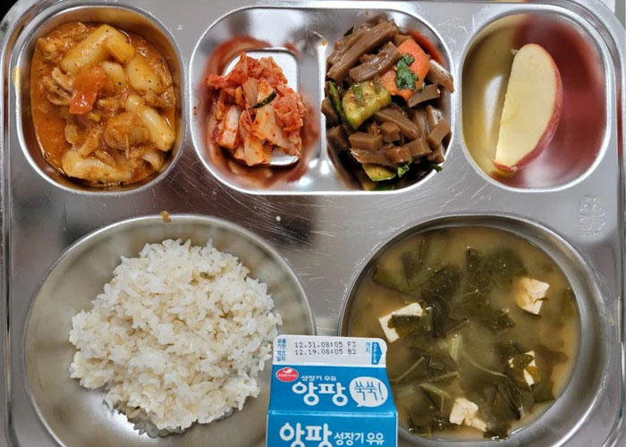 Plate with rice, kimchi, vegetables, fruit