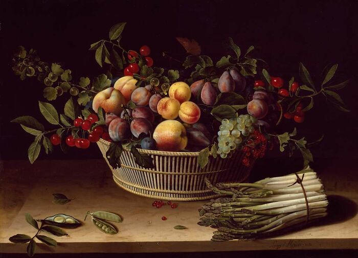 Still Life With A Basket Of Fruit And A Bunch Of Asparagus By Louise Moillon