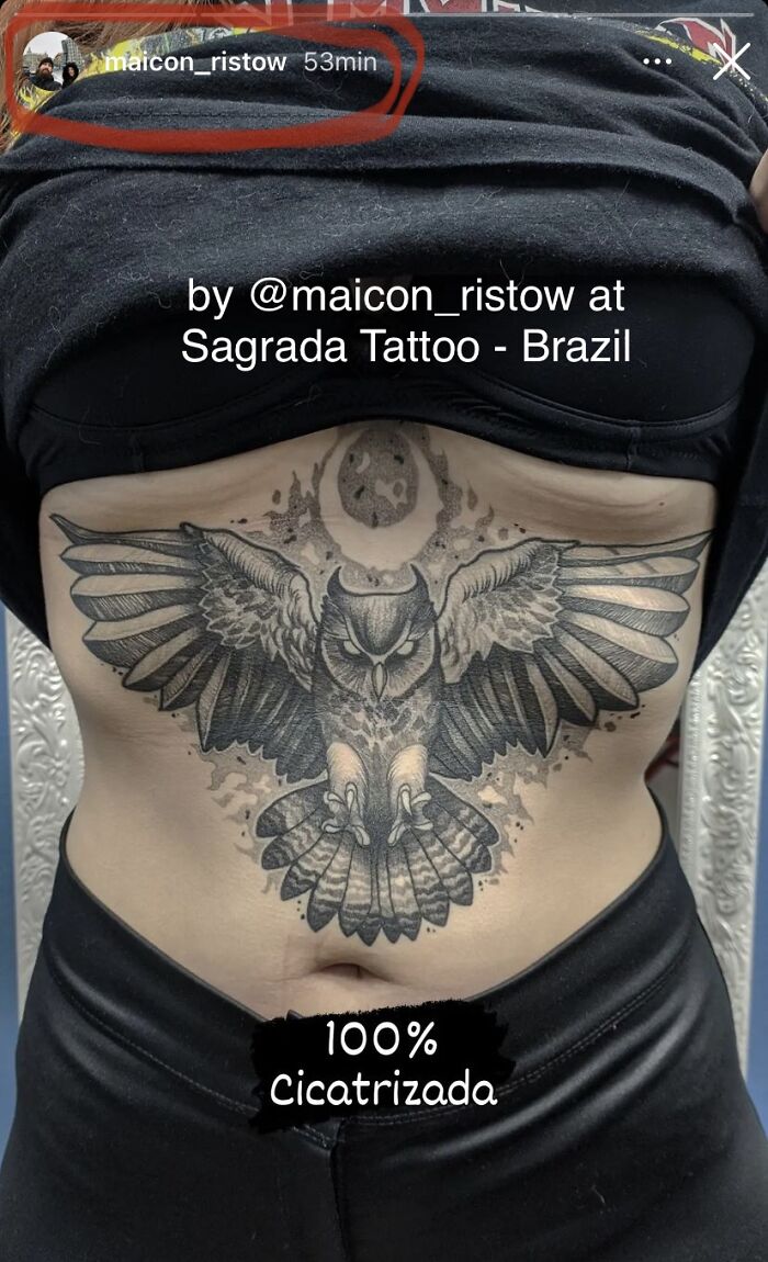 Tattoo of an owl with outstretched wings on a person's stomach, created by Maicon Ristow at Sagrada Tattoo in Brazil.